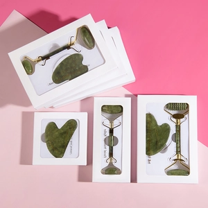 Natural green jade facial roller and gua sha massage set in white window gift box
