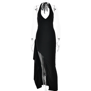 Elegant black halter neck maxi dress with deep V-neck and high side slit detail
