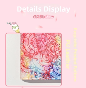 Macro detail of high-quality PU leather binder showing vibrant floral mandala patterns