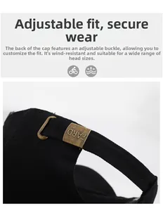 Detail of adjustable metal buckle with FARD engraving on black cotton baseball cap