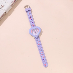 Kids purple heart quartz watch with colorful embossed silicone strap and white dial
