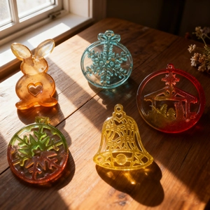 Macro detail of colorful translucent resin Christmas and Easter pendants with glitter finish
