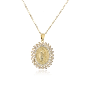 Virgin Mary oval pendant necklace in gold-plated copper with clear cubic zirconia stones