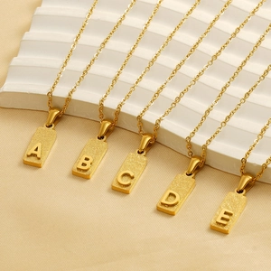 Gold stainless steel initial necklaces with sandblasted square alphabet pendants for women