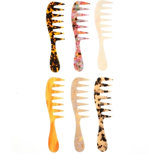 Set of six colorful acetate wide tooth combs with trendy marble and tortoiseshell patterns