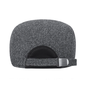 Rear view of winter wool blend grey flat cap featuring adjustable silver metal buckle strap