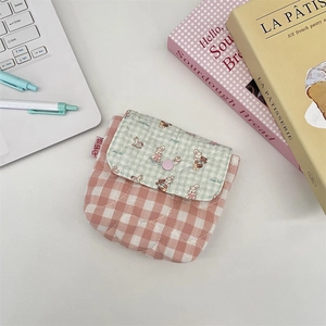 Quilted mini organizer pouch with pink checkered pattern and cute cartoon animal flap