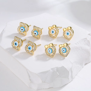 Evil Eye Stud Earrings 18K Gold Plated Copper Inlaid Zircon Enamel Geometric Heart Hamsa Hand Vintage Jewelry Women