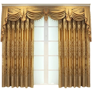 Elegant European golden curtains with decorative valance, luxury jacquard and bead tassels
