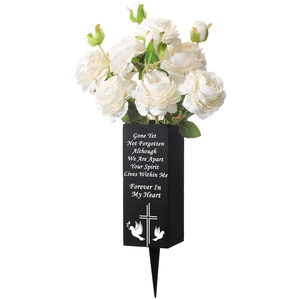 Memorial cemetery flower vase with white roses, cross and doves grave decoration