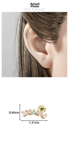 Macro view of geometric curved ear stud with colorful cubic zirconia and dimensions