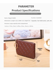 Macro view of coffee brown quilted PU leather coin purse with golden keychain and dimensions