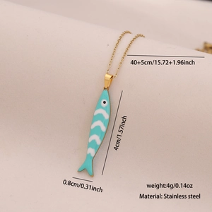 Detail view of light blue enamel fish pendant with dimensions and stainless steel material