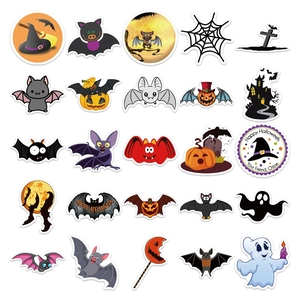 Detailed flat lay of 25 waterproof Halloween stickers featuring pumpkins, ghosts and bats