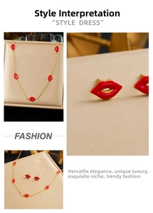 Detail of red enamel lip pendant jewelry set with gold-plated stainless steel chain