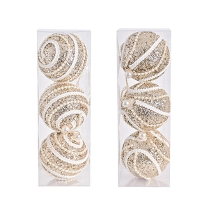 Golden glitter Christmas ball ornaments with white pearls and spiral ropes in two packs