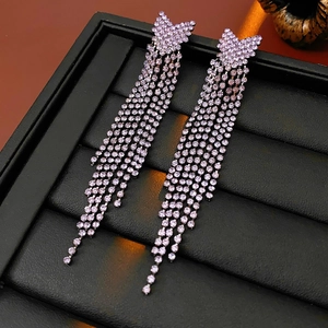 Vue détaillée des boucles d'oreilles papillon argentées avec strass violets et franges