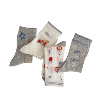 Women's cute cartoon puppy crew socks with breathable mesh and stars in grey and cream