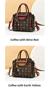 Detail of elegant patterned handbags with tassel charms in burgundy and yellow brown tones