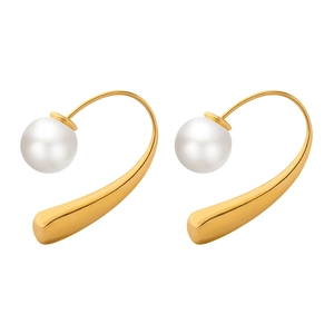 Elegant gold curved earrings with white pearls in a minimalist geometric vintage style