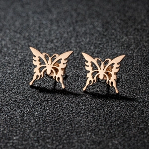 Elegant hollow butterfly stud earrings in rose gold finish with polished metal texture