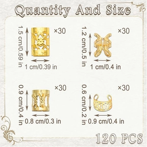 Detailed size chart for 120 pieces of gold hair braid rings and accessories