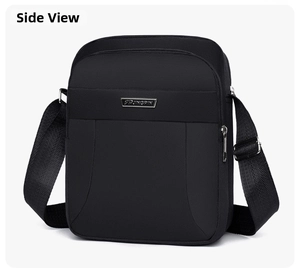 Detail view of durable black nylon crossbody bag with polished silver JINGPIN metal logo
