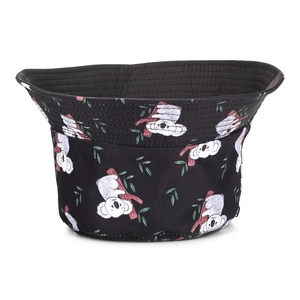 Fashionable black bucket hat with cute koala and tree print for sun protection
