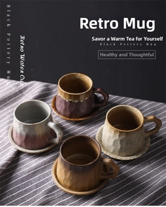 Macro shot of retro ceramic mugs and saucers with stone texture and earth-tone glaze