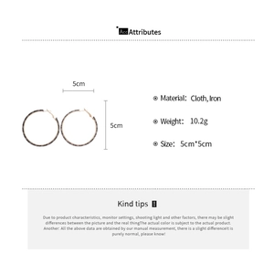 Detailed chart showing 5cm fabric wrapped round hoop earrings weighing 10.2 grams each