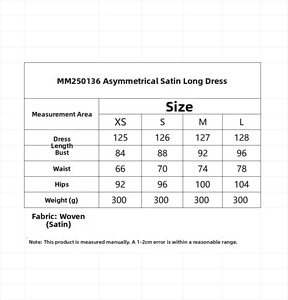 Size chart showing bust and waist measurements for asymmetrical satin texture long maxi dress