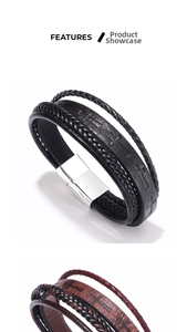 Detail of layered leather braided bracelets with cross totem and magnetic clasps