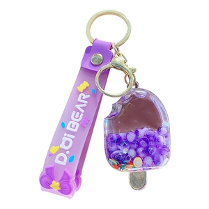 Cute purple popsicle liquid keychain with liquid sand and silicone wrist strap for bags