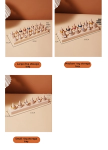 Three sizes of solid wood cone ring display stands with dimensions and natural wood grain