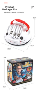 Lie detector toy showing device dimensions and colorful retail box packaging sizes