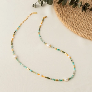 Colorful natural stone beaded necklace with freshwater pearls and gold cylinder beads