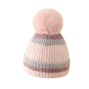 Kids winter colorful striped knit hat with pink faux fur pompom and warm ear protection
