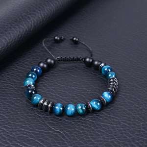 Tiger eye and hematite beaded Morse code bracelet with adjustable black cord on leather