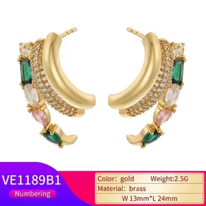 Gold plated brass C-shape earrings with multi-layered crystals and colorful gemstones