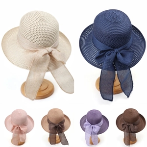 Womens Summer Straw Hat Foldable Wide Brim Sun Hat With Large Bow Decoration Breathable Beach Fedora For Outdoor Travel