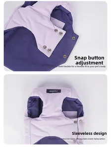Detail of snap button adjustment and sleeveless design on purple blue pet vest