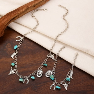 Western style silver alloy jewelry set with horseshoe, cowboy boot and bull skull pendants