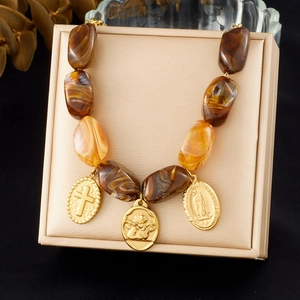 Retro Gold Plated Stainless Steel Necklace With Amber Marbled Resin Beads Cross Angel Virgin Mary Pendants For Women