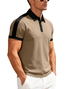 Detail of khaki polo shirt with black contrast collar and three-button placket design