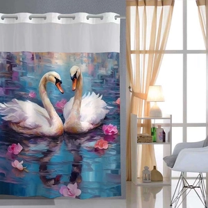 Close-up of artistic swan oil painting shower curtain with silver metal grommets