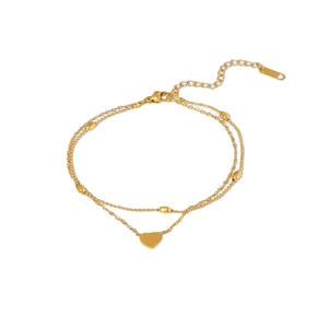 Double-layered 18K gold plated stainless steel anklet with heart pendant and beads
