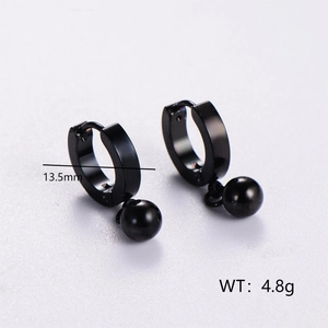 Fashionable black stainless steel hoop earrings with bead pendant and 13.5mm diameter