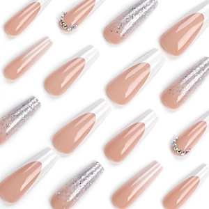 Classic French coffin press-on nails with glitter gradient and colorful rhinestones