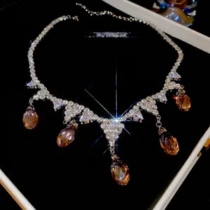 French vintage zircon water drop tassel necklace with amber crystal teardrop pendants