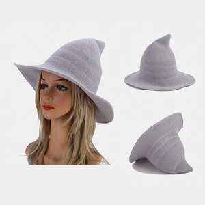 Women Knitted Cotton Witch Hat Pointed Crown Wide Brim Wizard Cap For Halloween Party Casual Sun Protection
